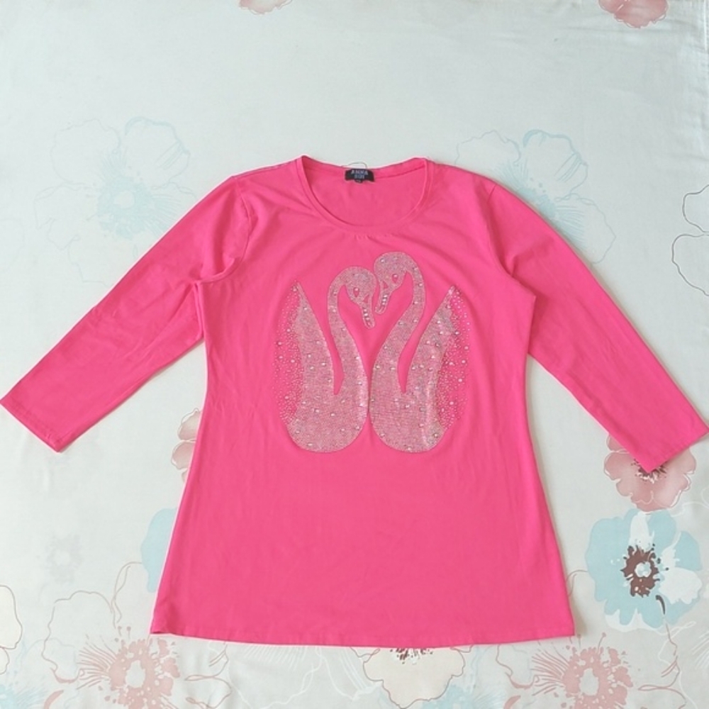 Anna sui pink swan crystals 3/4 sleeve top
